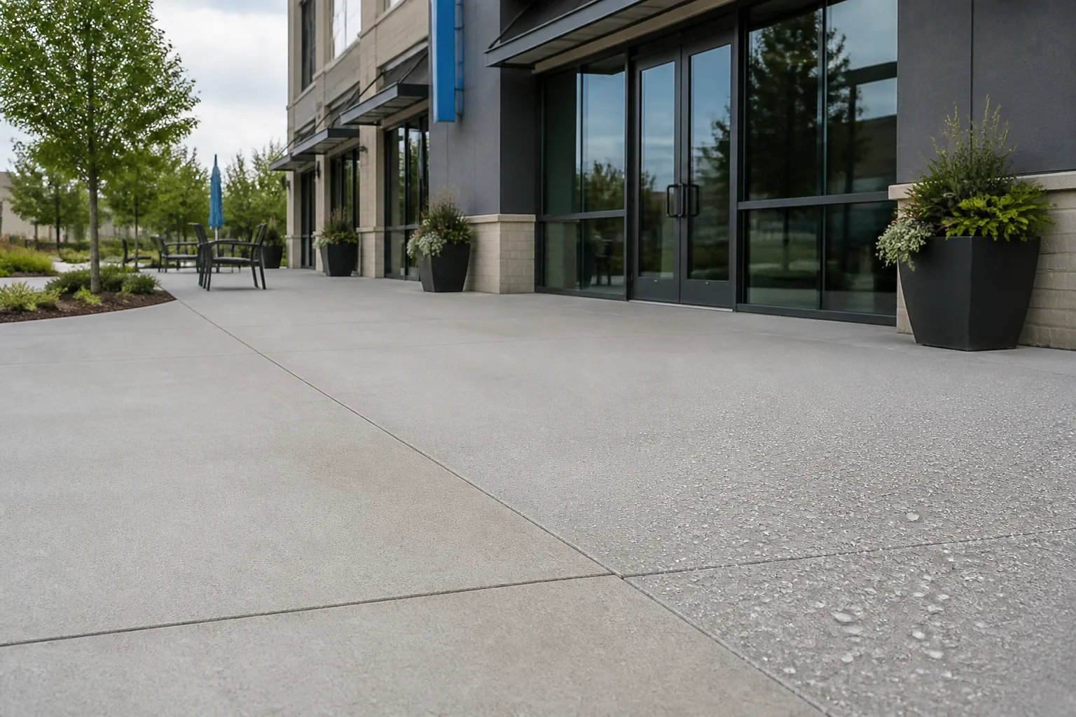 Illustrative commercial storefront walkway with natural-look concrete sealing