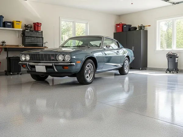 Classic muscle car on light gray flake garage floor by Panther Coatings