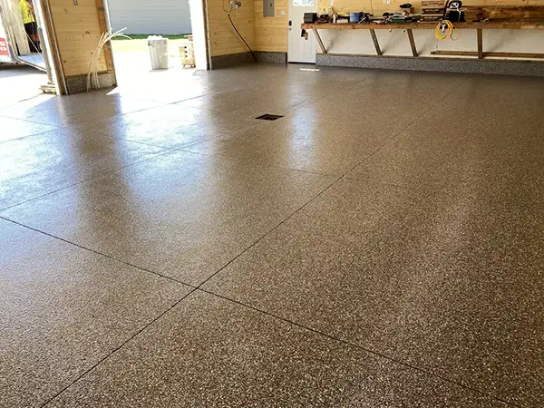 Finished garage concrete coating — decorative flake system