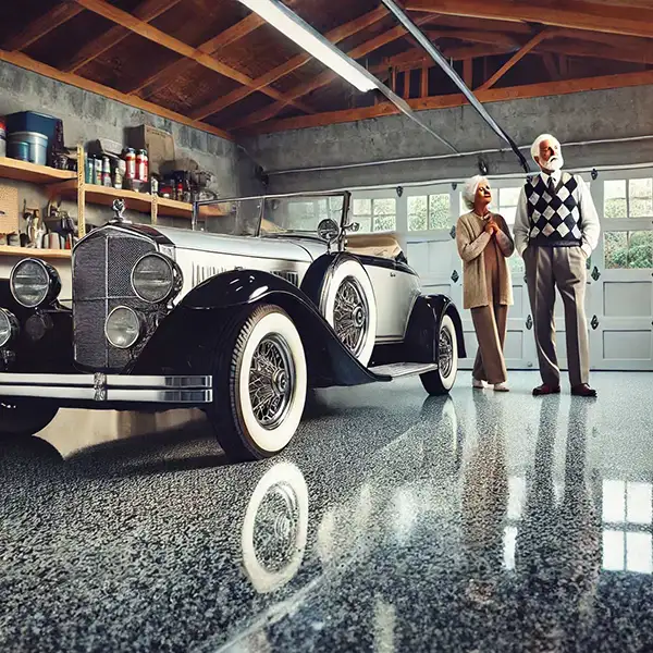 Homeowners admiring their newly coated garage floor — Panther Coatings