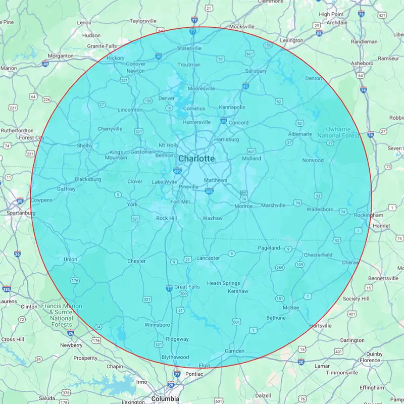 Map showing Panther Coatings 60-mile service radius around Charlotte, NC